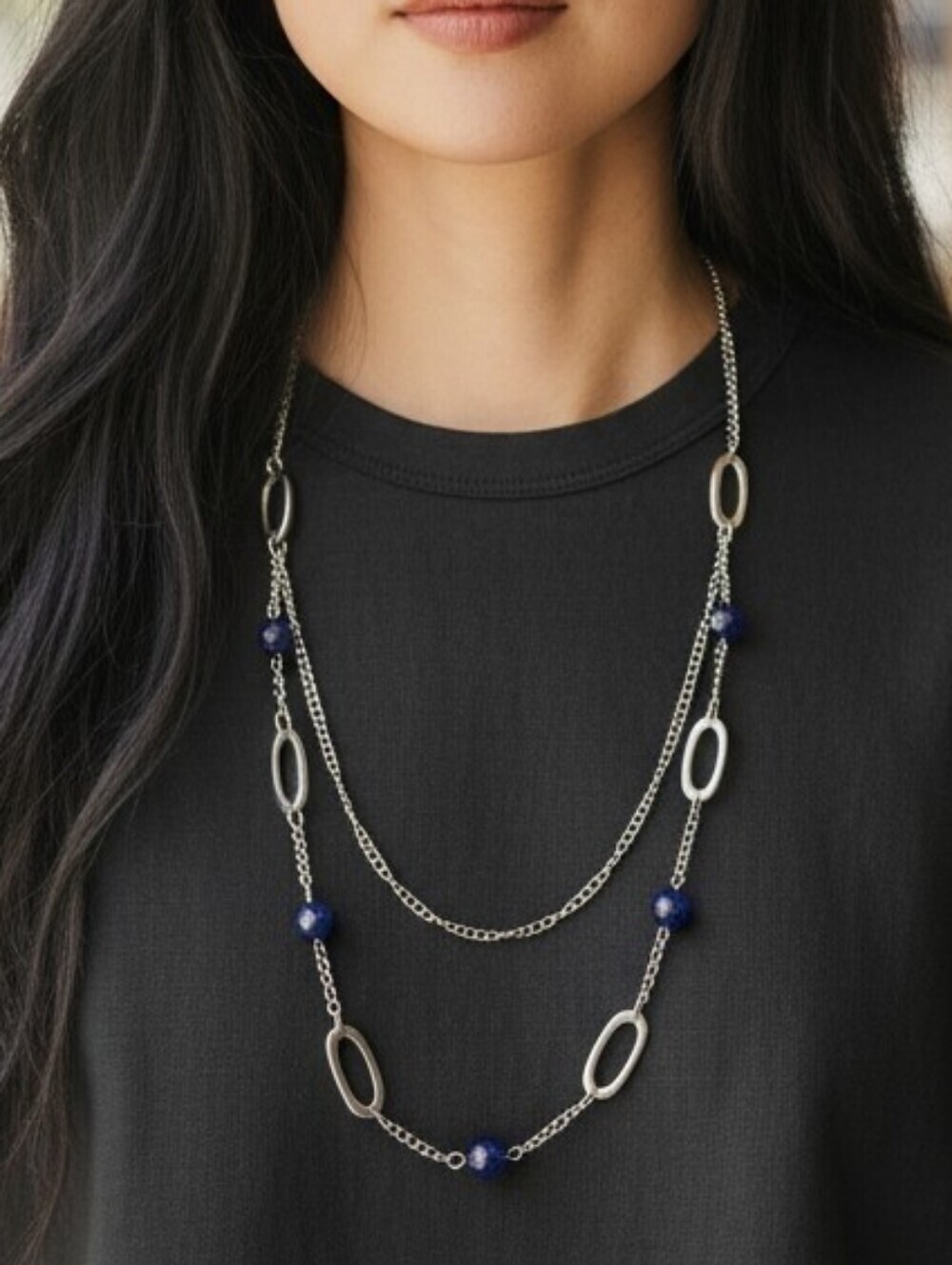 Layered Silvertone Chain Necklace with Blue Faceted Beads